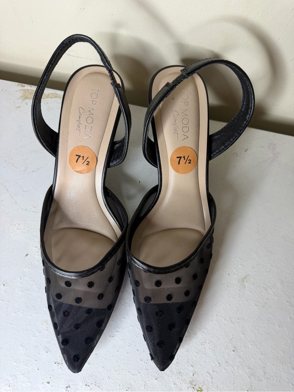 TOP Moda Black Pointed Mesh Polka Dot Slingback Pumps